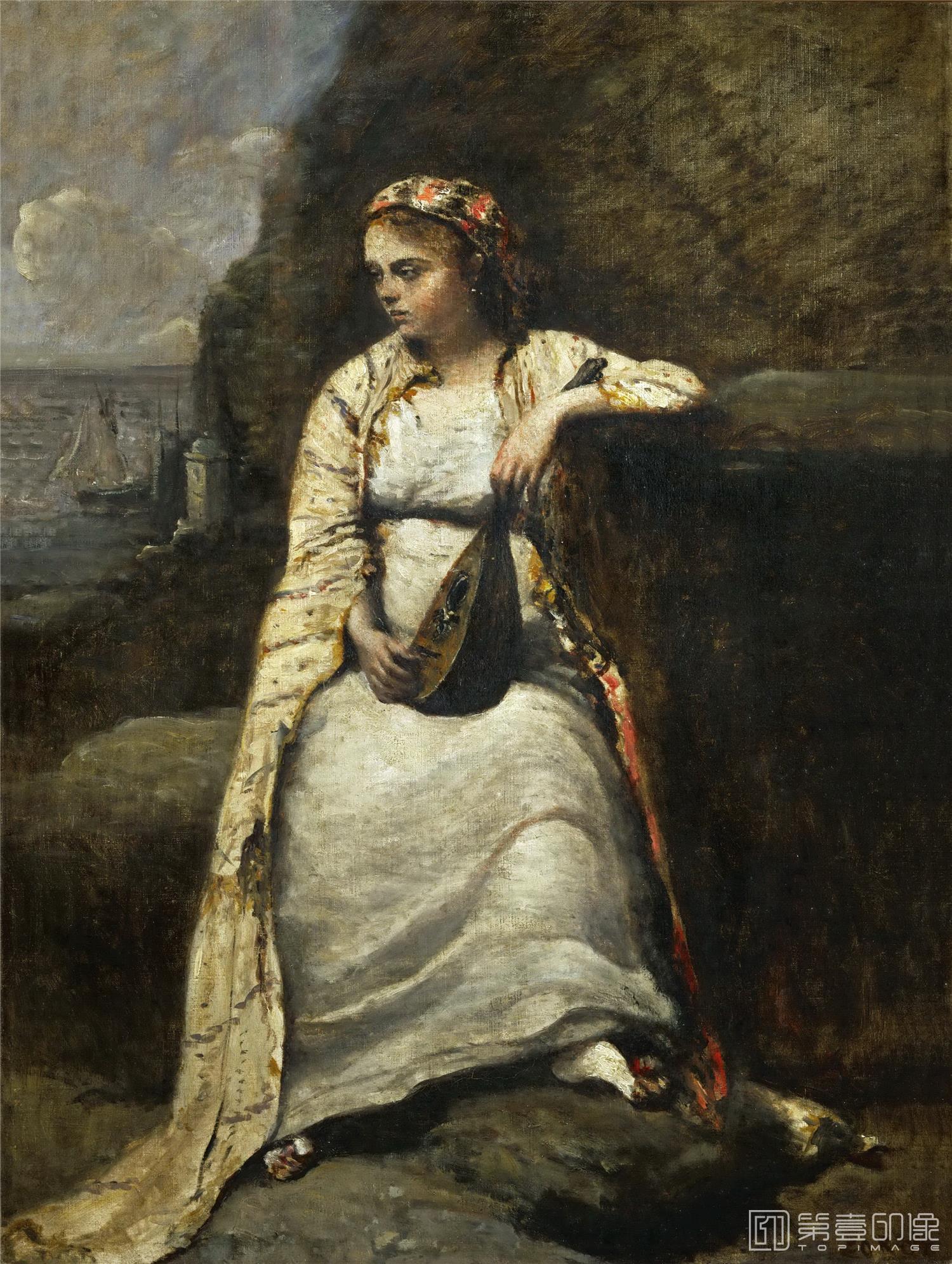 油画-卢浮宫-Corot, Jean-Baptiste CamilleHaydee, jeune femme en costume grec-young woman-0427